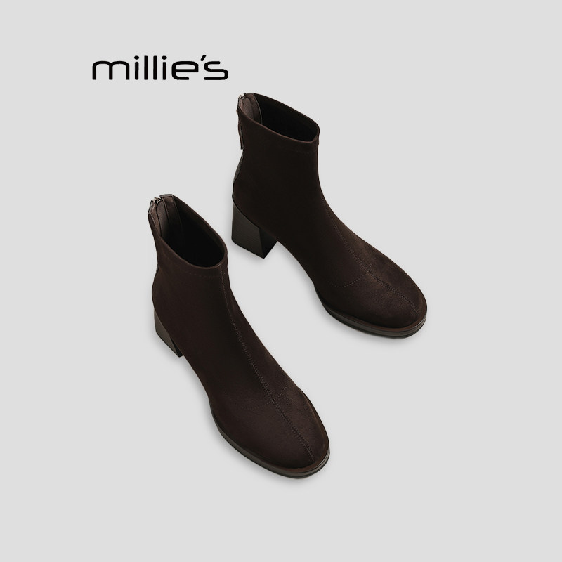 MILLIE'S/妙丽2026新款秋冬复古弹力马丁靴绒布舒适粗跟时装靴HZ
