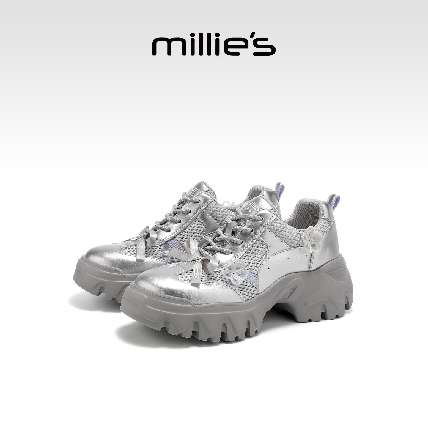 MILLIE'S/妙丽银色厚底内增高玛丽珍老爹鞋女透气增高休闲鞋P