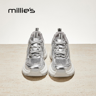 妙丽官方旗舰店银色精致闪钻老爹鞋女增高厚底休闲舒适运动鞋大码