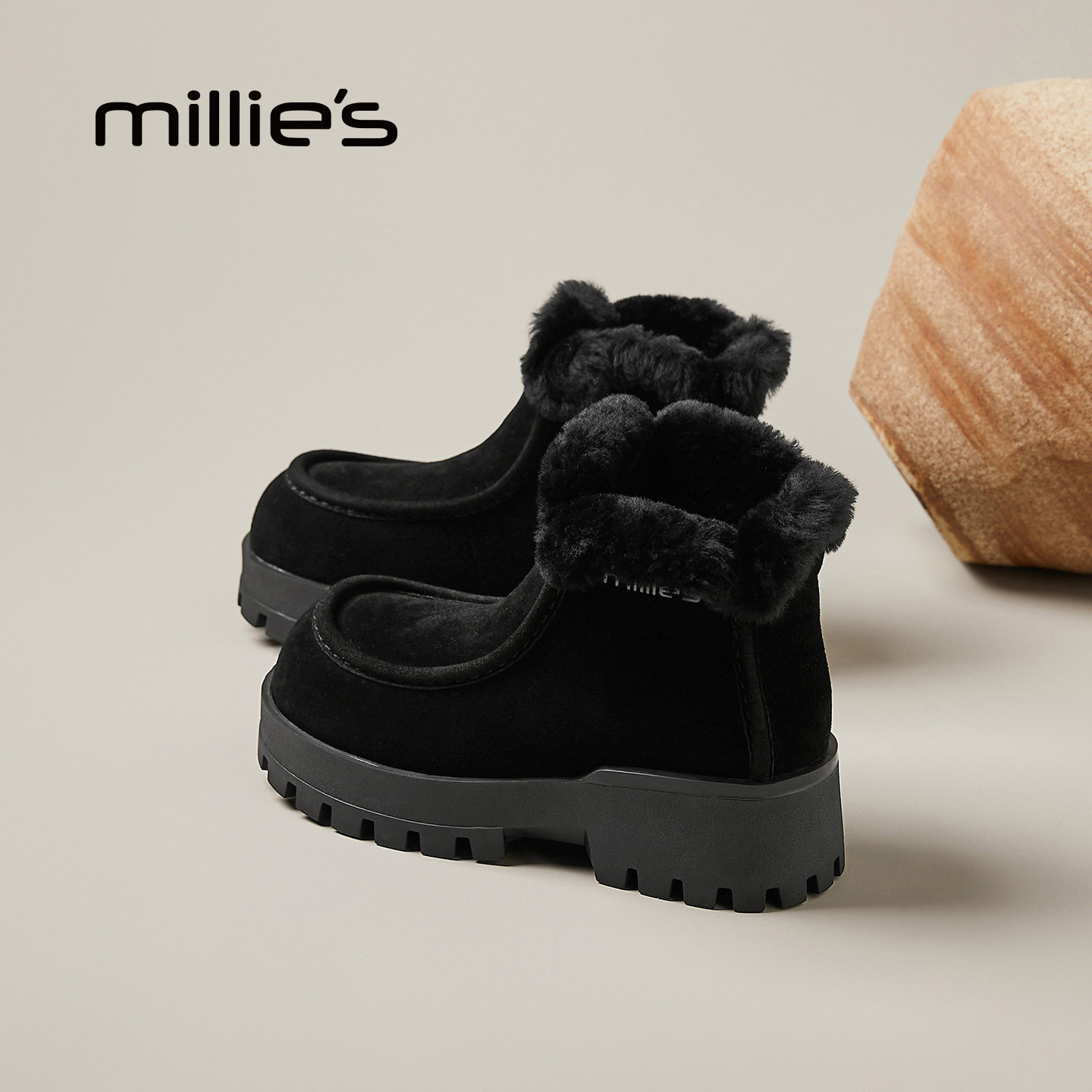 MILLIE'S/妙丽翻毛领雪地靴女黑色加绒保暖短靴冬季厚底棉靴Z