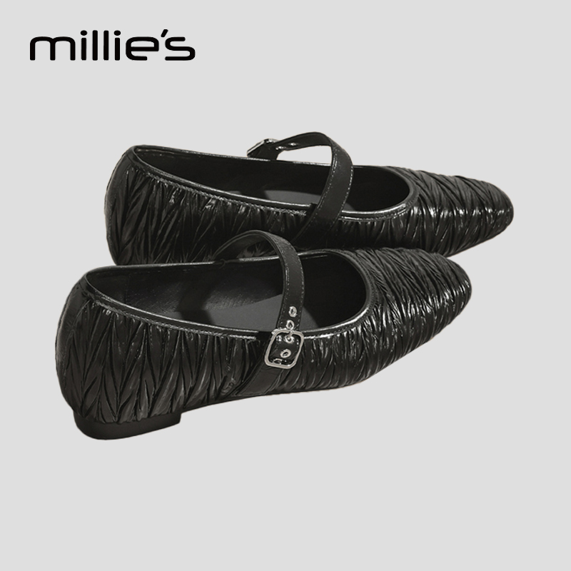 MILLIE'S/妙丽真皮褶皱玛丽珍鞋