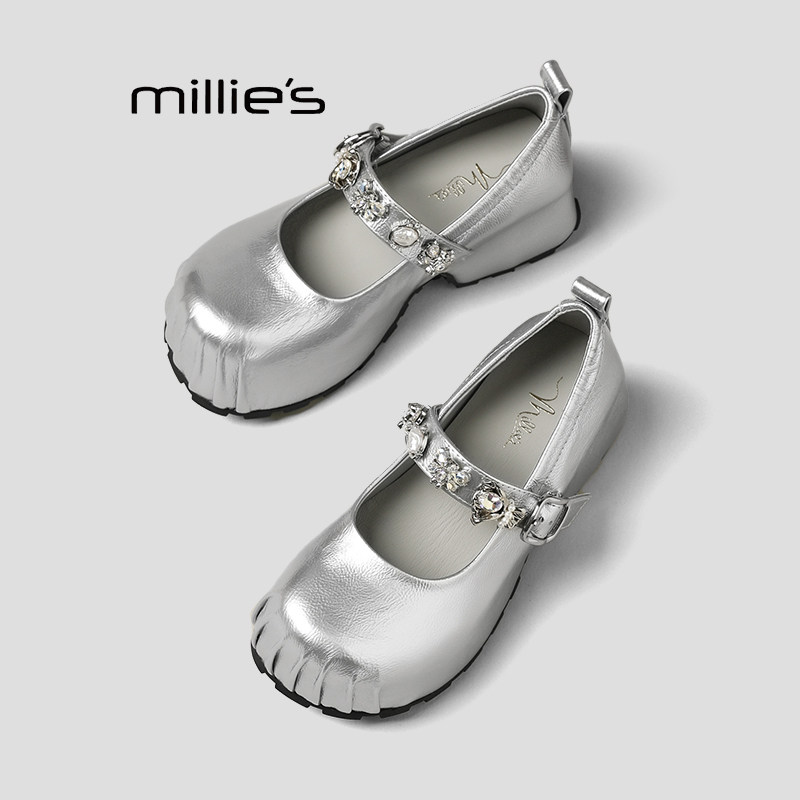 MILLIE'S/妙丽银色玛丽珍鞋女2026春季新款气质水钻一字扣单鞋Q,女鞋,乐福鞋（豆豆鞋）,淘宝优惠券,粉丝福利购,淘宝优惠卷