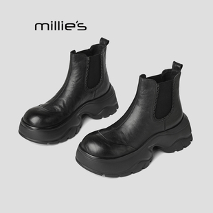 MILLIE'S/妙丽2025新款短靴女小个子厚底羊皮靴子英伦风切尔西靴Q