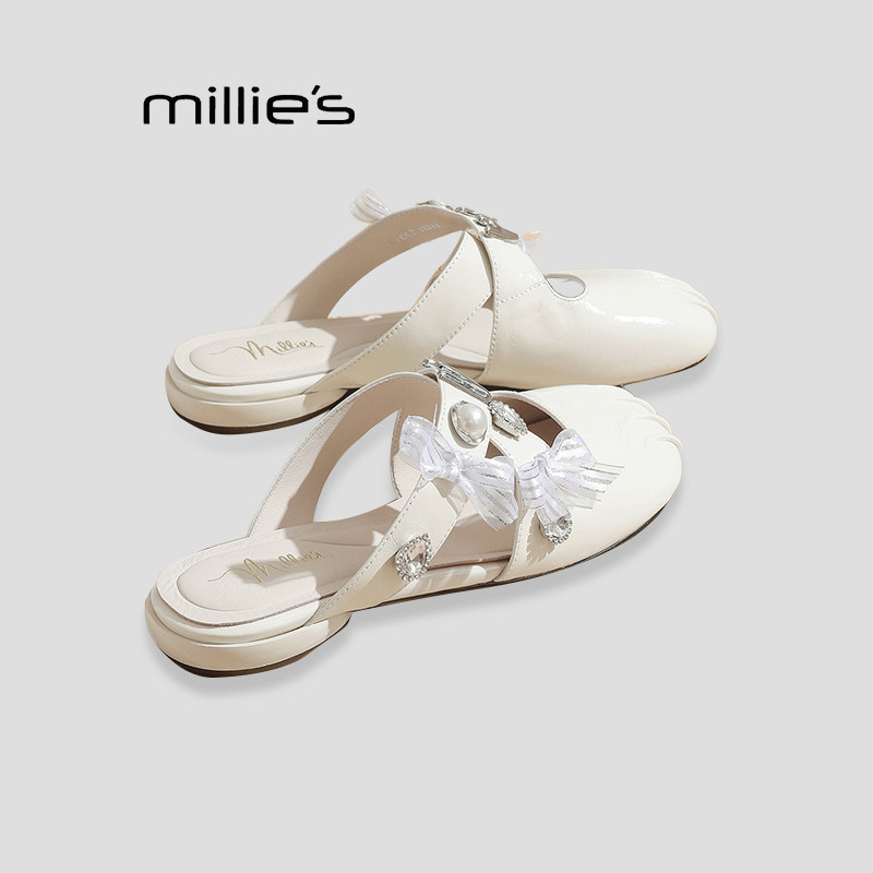 MILLIE'S/妙丽包头拖外穿拖鞋夏季甜酷交叉带蝴蝶水钻穆勒鞋女鞋P