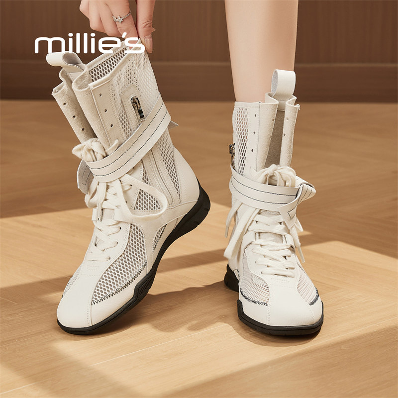 MILLIE'S/妙丽真皮网面马丁靴女