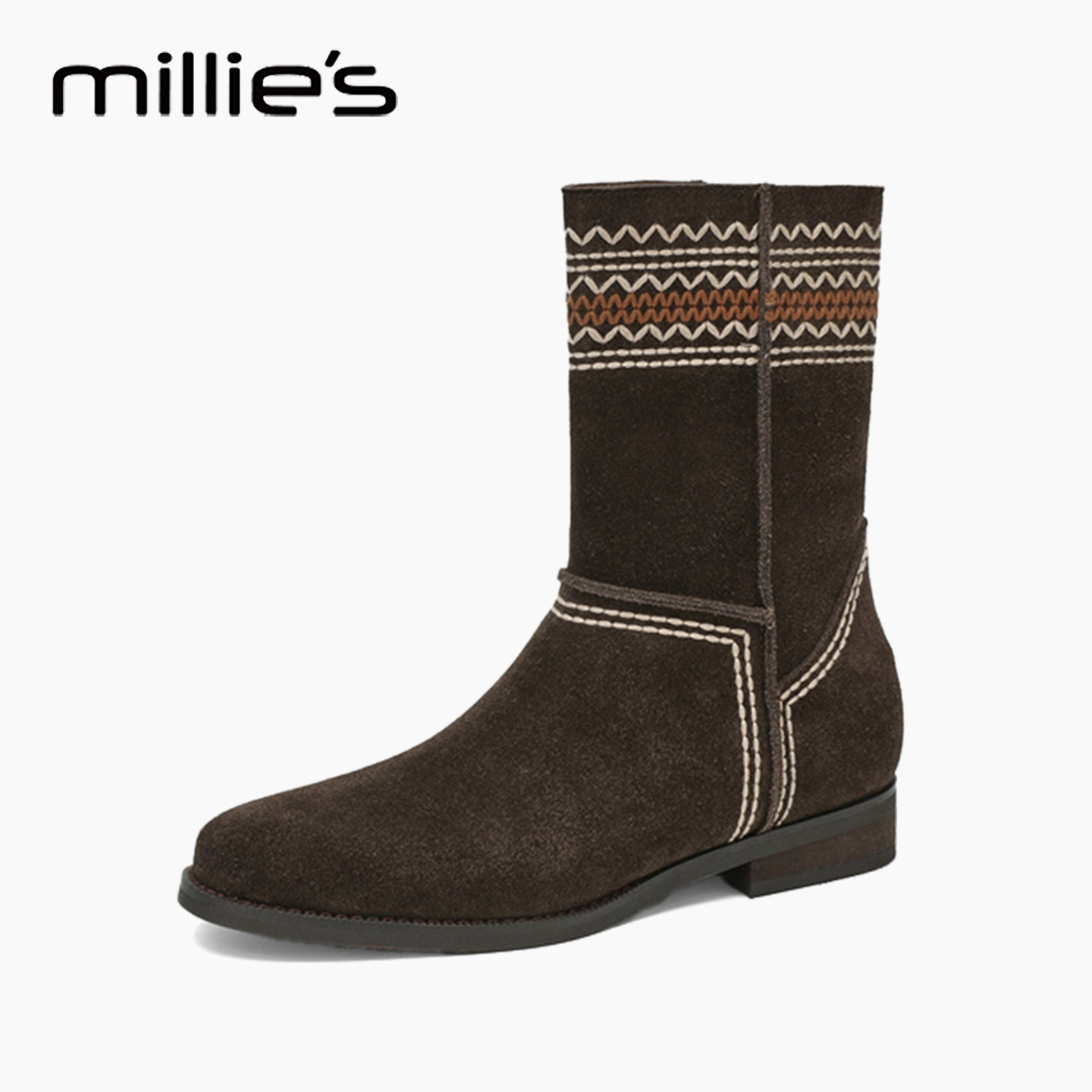 MILLIE'S/妙丽女鞋2025秋新款烟筒靴美拉德复古真皮低跟套筒短靴H,女鞋,切尔西靴,淘宝优惠券,粉丝福利购,淘宝优惠卷