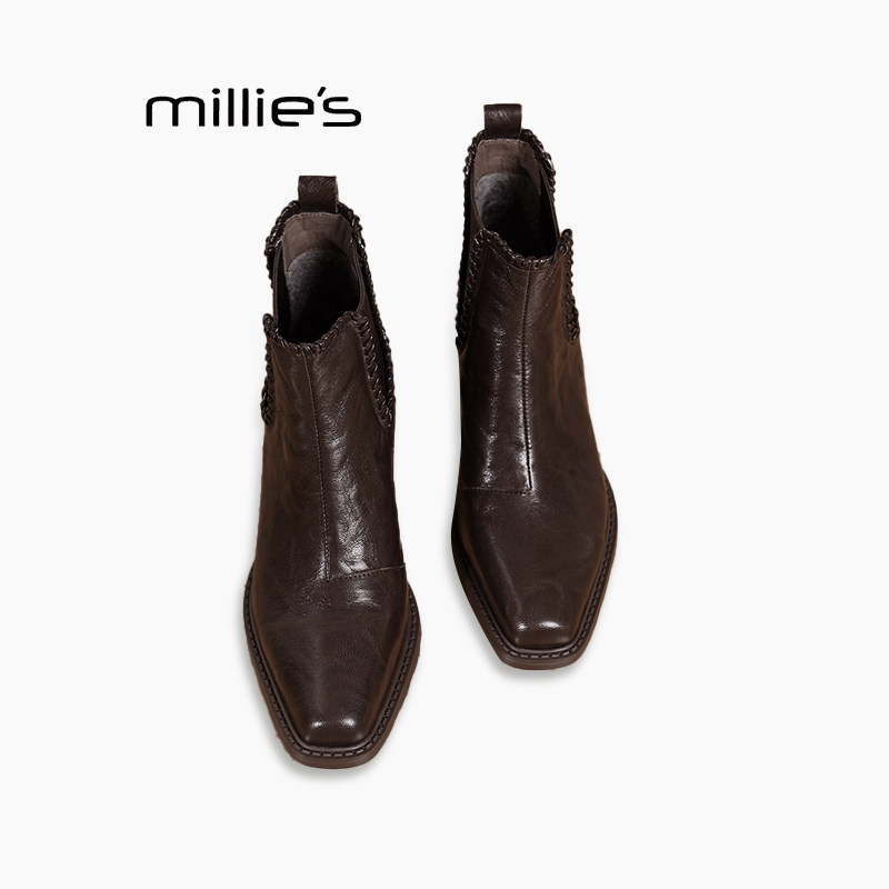MILLIE'S/妙丽粗跟短靴女秋冬新款中跟大码踝靴加绒真皮切尔西靴Q,女鞋,马丁靴,淘宝优惠券,粉丝福利购,淘宝优惠卷