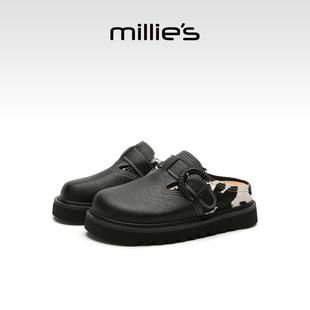 MILLIE'S/妙丽黑色魔术贴勃肯鞋女冬季厚底包头拖鞋时尚休闲鞋Q