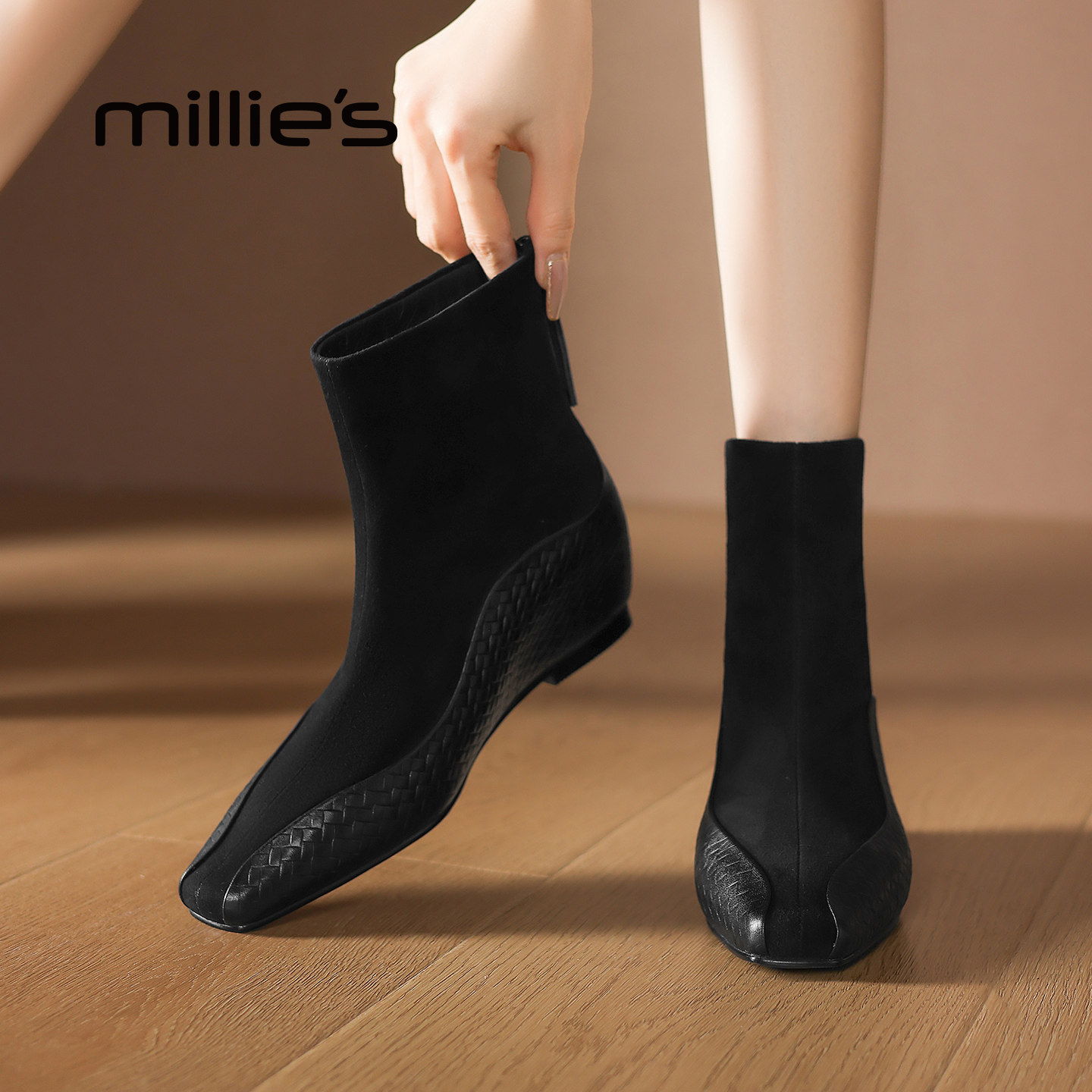 MILLIE'S/妙丽2026新款秋冬复古弹力马丁靴绒布舒适粗跟时装靴女P