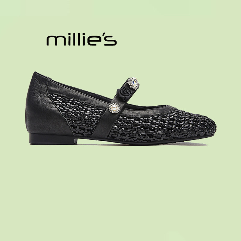 妙丽官方旗舰店牛皮单鞋渔网鞋镂空一字带平底水钻编织女鞋凉鞋