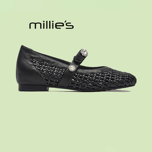 妙丽官方旗舰店牛皮单鞋渔网鞋镂空一字带平底水钻编织女鞋凉鞋