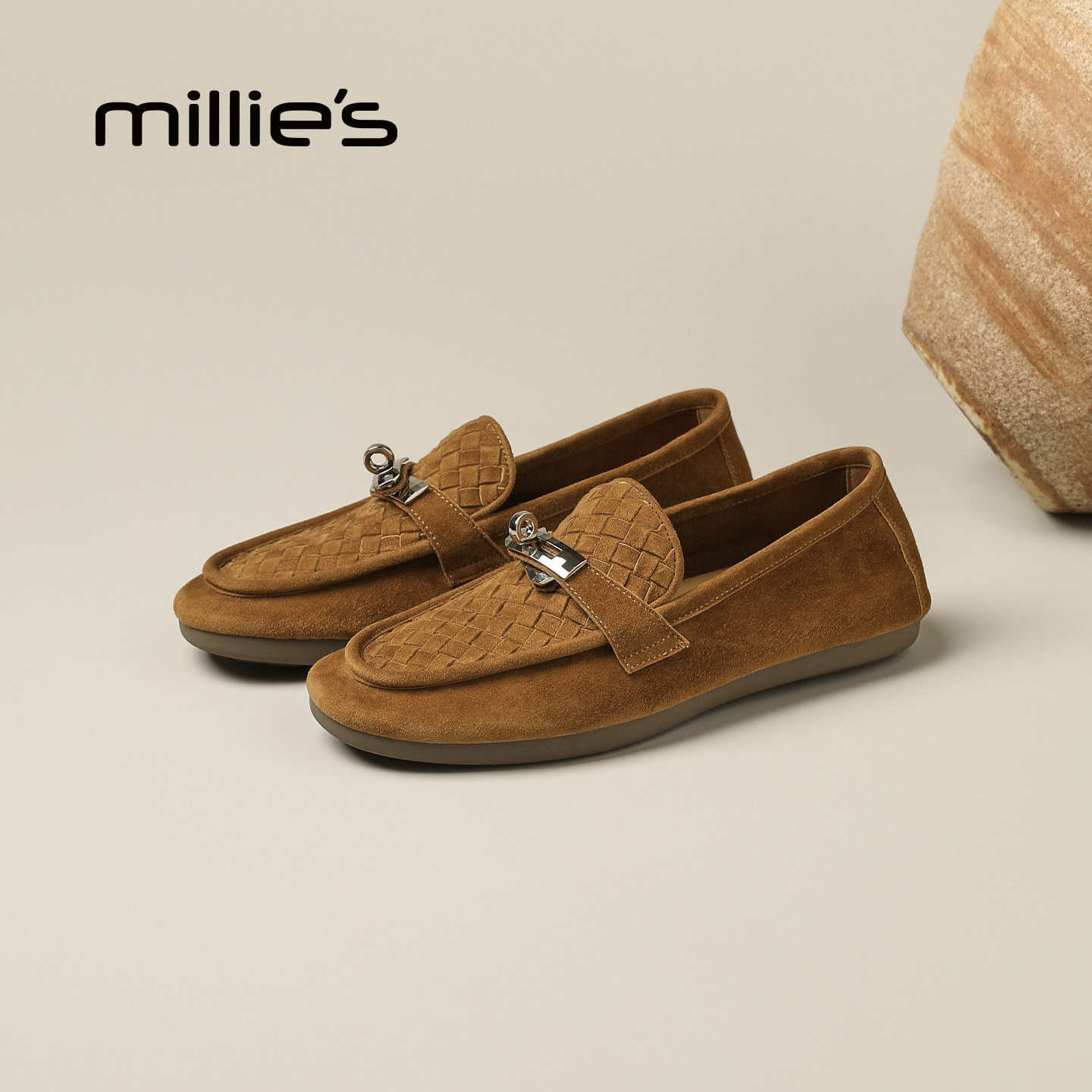 MILLIE'S/妙丽反绒皮乐福鞋女一脚蹬编织金属扣平底老爹鞋百搭Q,女鞋,老爹鞋,淘宝优惠券,粉丝福利购,淘宝优惠卷