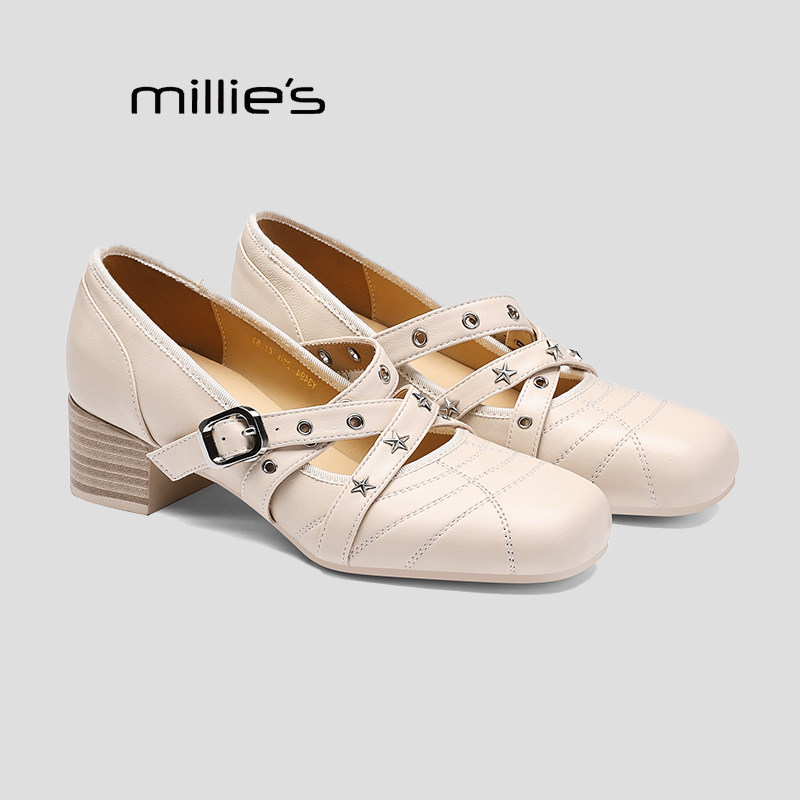 MILLIE'S/妙丽粗跟玛丽珍鞋女春季蝴蝶结浅口单鞋百搭配裙子女鞋Q,女鞋,浅口单鞋,淘宝优惠券,粉丝福利购,淘宝优惠卷