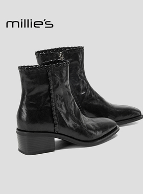 MILLIE'S/妙丽2025新款秋冬季法式粗跟切尔西瘦瘦靴子马丁靴女HQ