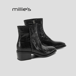 MILLIE'S/妙丽2026新款秋冬季法式粗跟切尔西瘦瘦靴子马丁靴女HQ