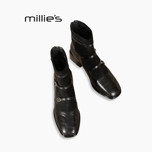水钻弹力女真皮粗跟短靴高跟一字带玛丽珍袜靴Z 妙丽法式 MILLIE