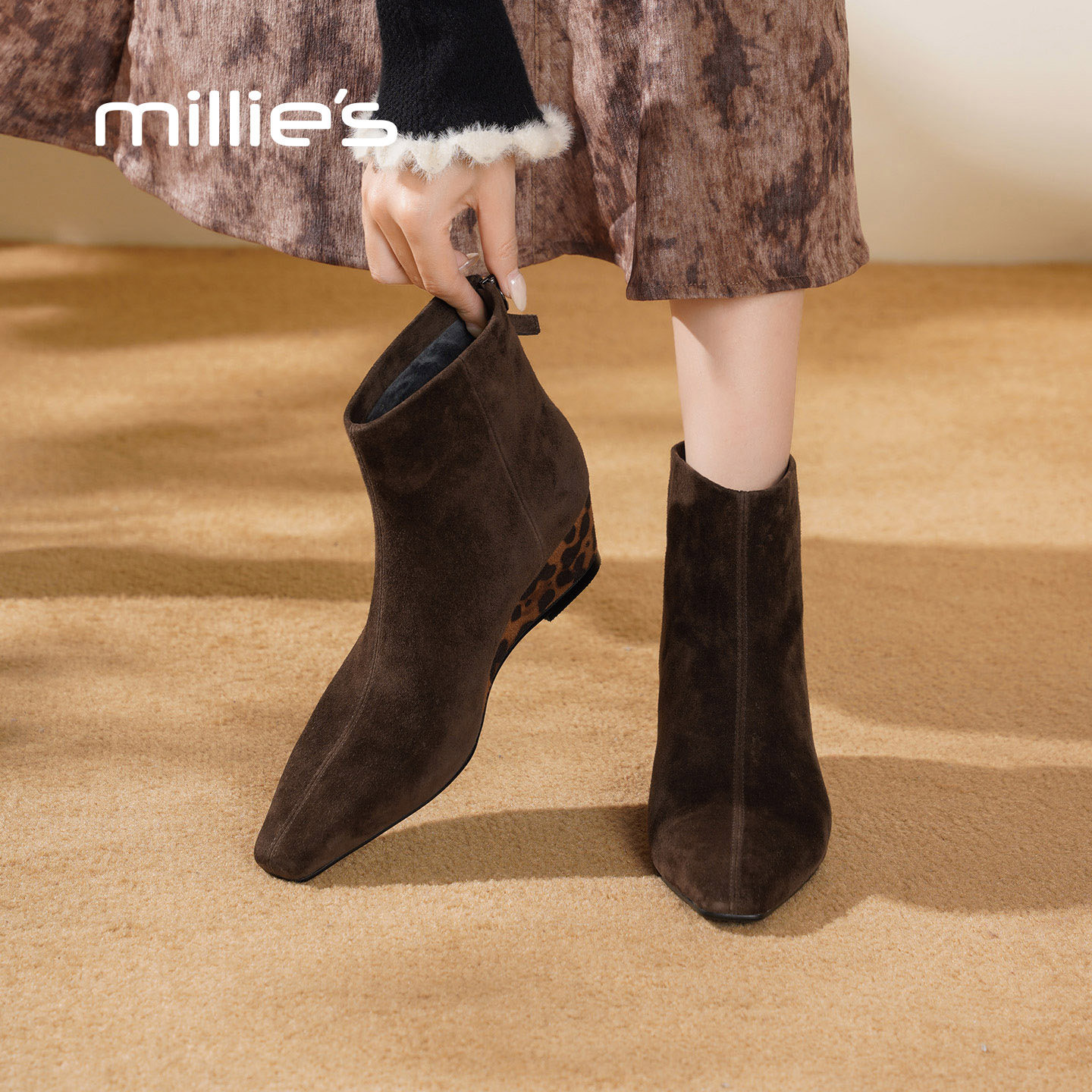 MILLIE'S/妙丽2026新款秋冬粗跟短靴英伦风豹纹马丁及踝靴女鞋Z