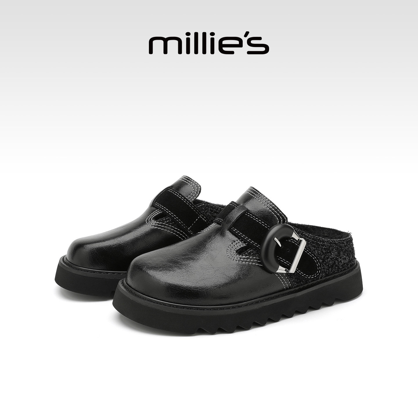 MILLIE'S/妙丽黑色魔术贴勃肯鞋女2025冬季新款加绒保暖包头拖鞋Z,女鞋,棉鞋,淘宝优惠券,粉丝福利购,淘宝优惠卷