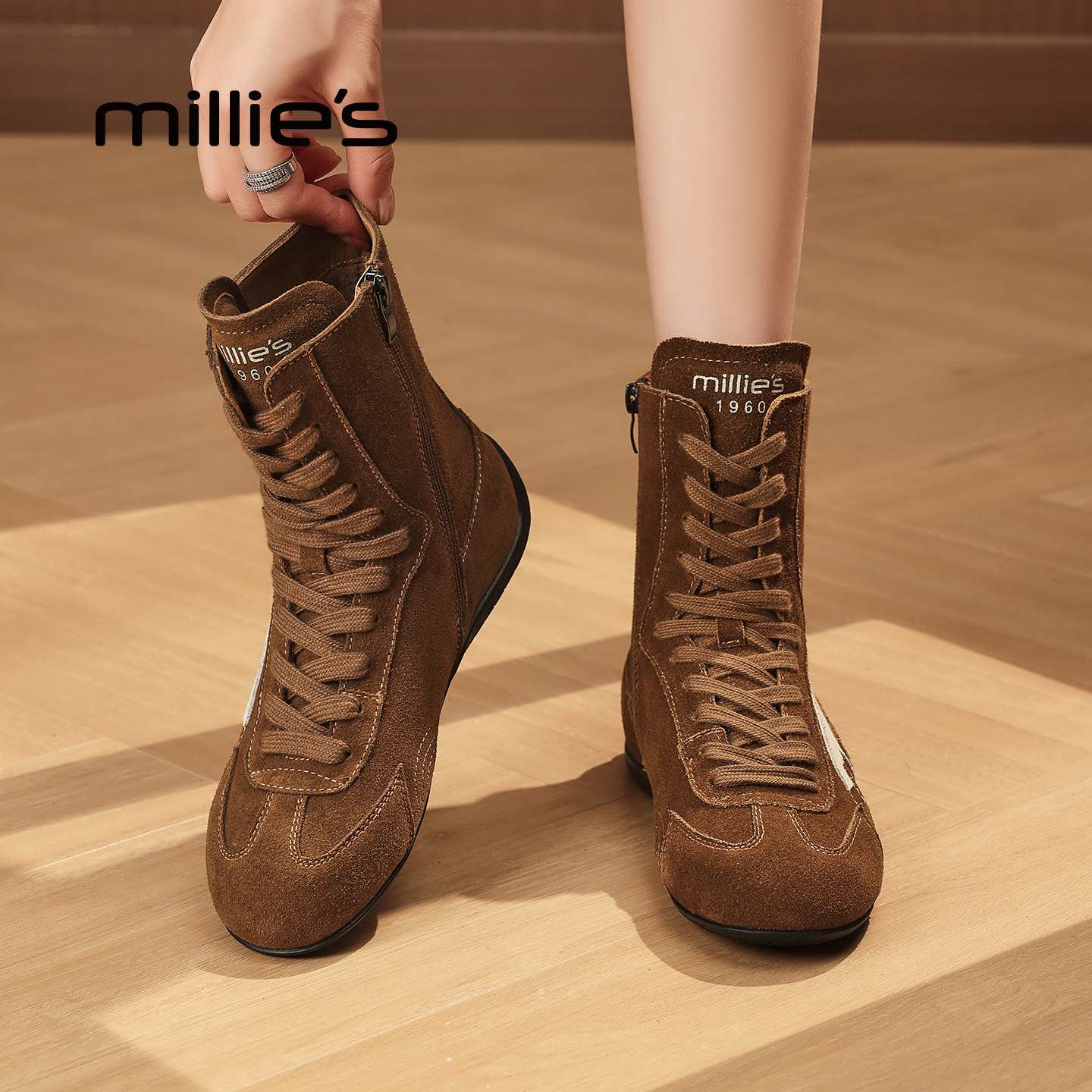 MILLIE'S/妙丽复古磨砂皮短靴女2026新款秋冬圆头系带时尚马丁靴Z