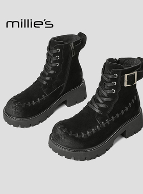 MILLIE'S/妙丽黑色厚底马丁靴女高帮系带短靴工装靴皮带扣弹力靴Q