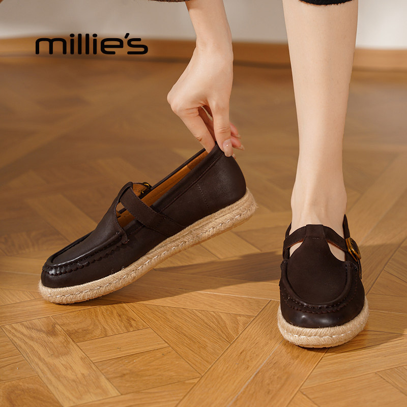 MILLIE'S/妙丽一脚蹬草编乐福鞋女秋季真皮单鞋厚底不累脚渔夫鞋Z