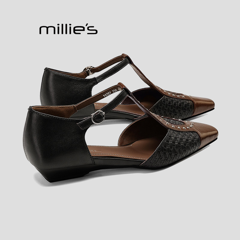 MILLIE'S/妙丽镂空巨好看凉鞋女夏季铆钉方头丁字带低跟罗马凉鞋P