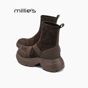 厚底短靴女靴黑色弹力瘦瘦靴绒面马丁靴秋Z 妙丽2025新款 MILLIE