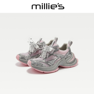 MILLIE'S/妙丽官方新款蝴蝶结厚底老爹鞋女水钻网面透气休闲鞋CQ