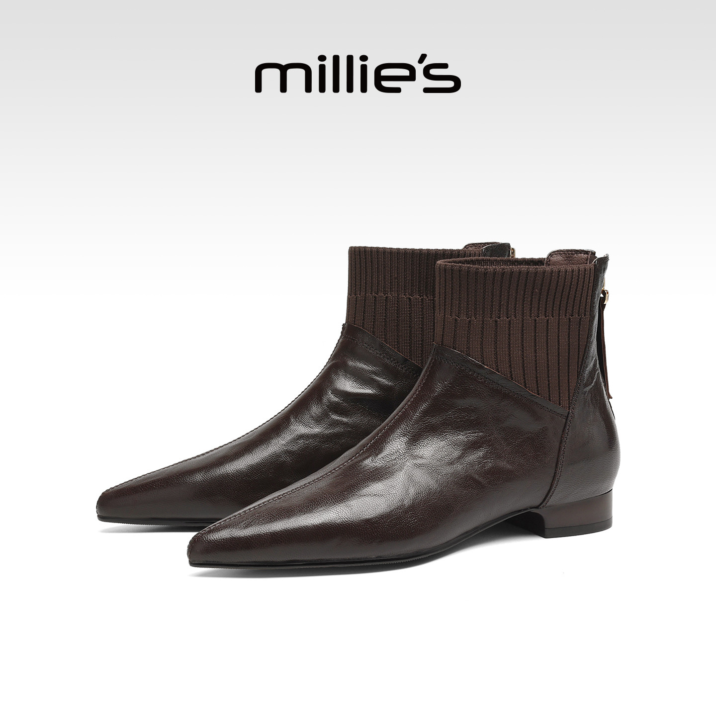 MILLIE'S/妙丽2026新款秋冬季加绒美拉德靴子女款尖头法式及踝靴Z
