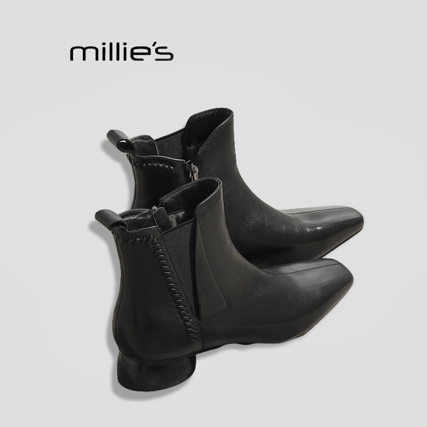 MILLIE'S/妙丽2026新款秋冬复古粗跟短靴女真皮圆头马丁靴女靴HQ