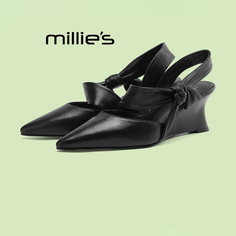 MILLIE'S/妙丽黑色尖头坡跟蝴蝶结浅口单鞋女优雅时尚气质高跟鞋