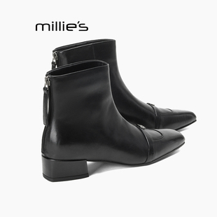 MILLIE 妙丽方头山茶花小金扣瘦瘦靴2025年真皮切尔西靴踝靴黑Z