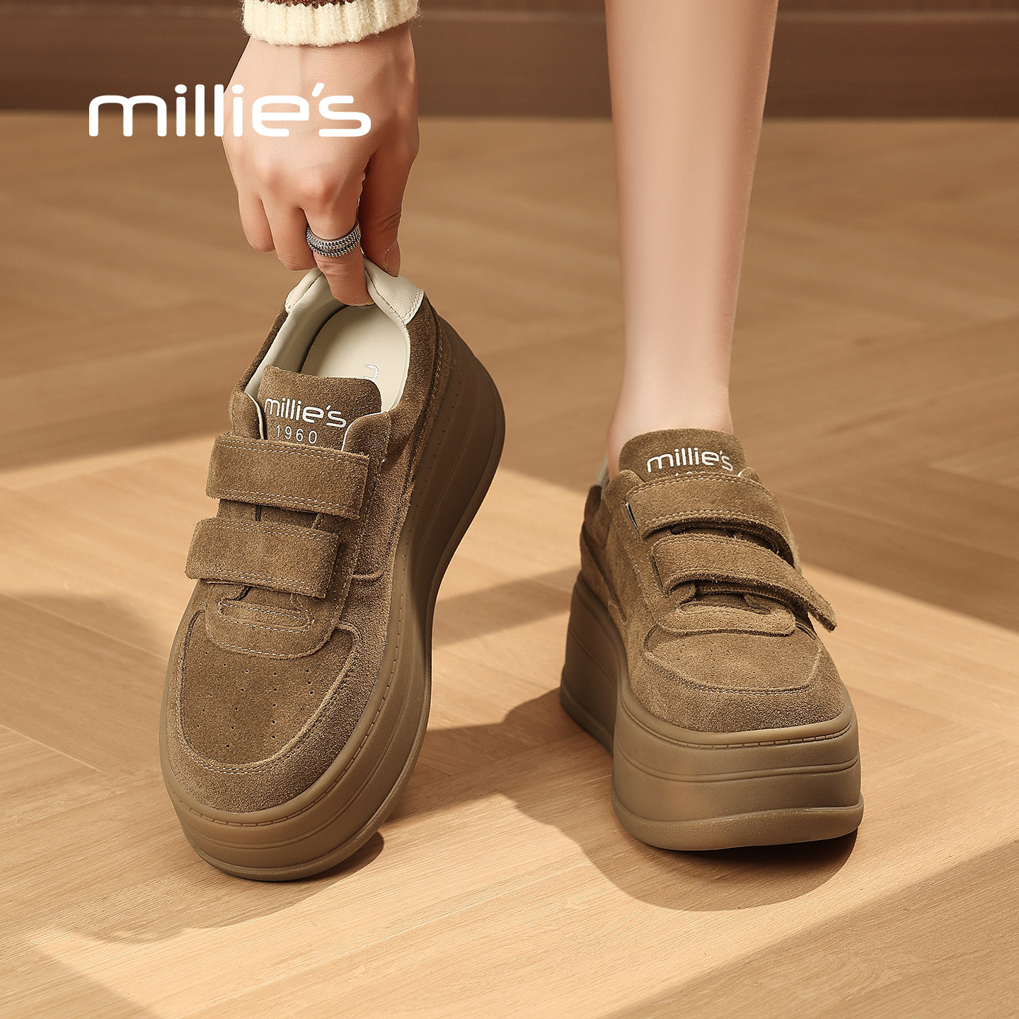 MILLIE'S/妙丽魔术贴厚底板鞋女春季咖色复古休闲鞋舒适百搭Q