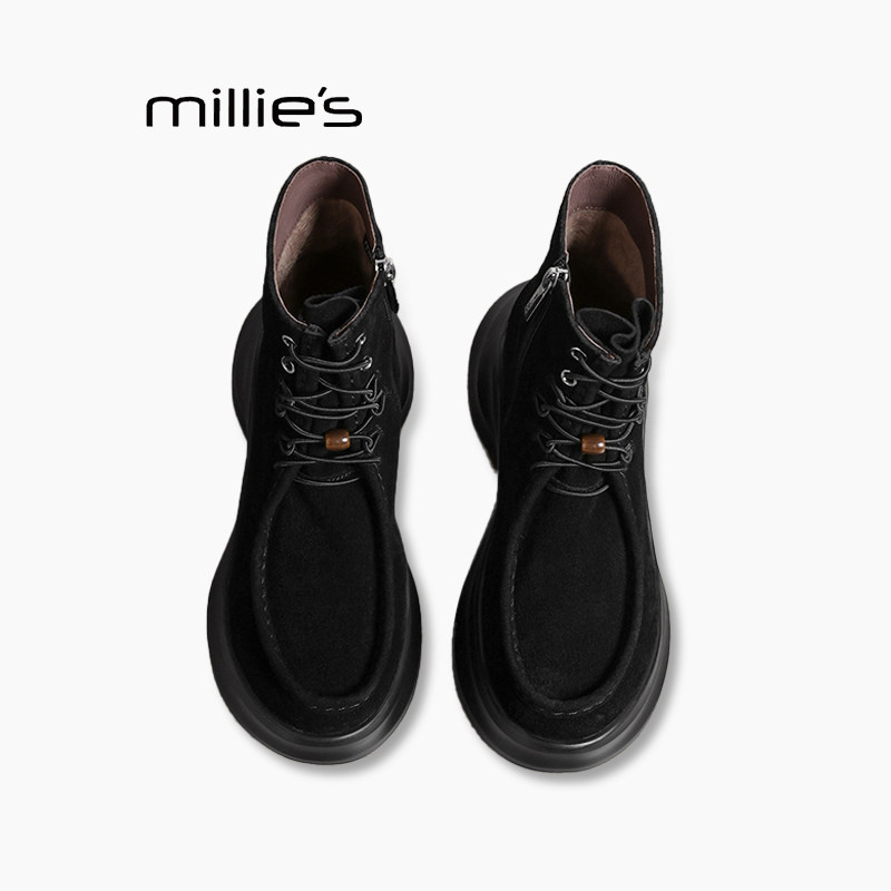 MILLIE'S/妙丽靴子软底软面厚底马丁靴女款磨砂皮做旧机车靴短靴P