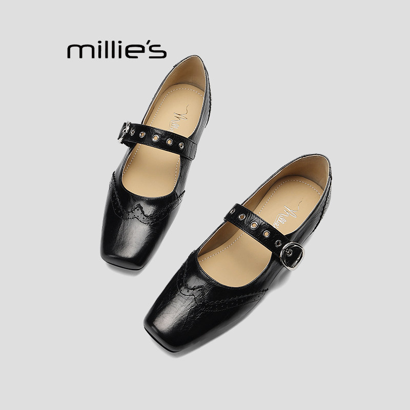 MILLIE'S/妙丽小众方头铆钉浅口一字带复古细跟通勤玛丽珍单鞋Q,女鞋,玛丽珍鞋,淘宝优惠券,粉丝福利购,淘宝优惠卷