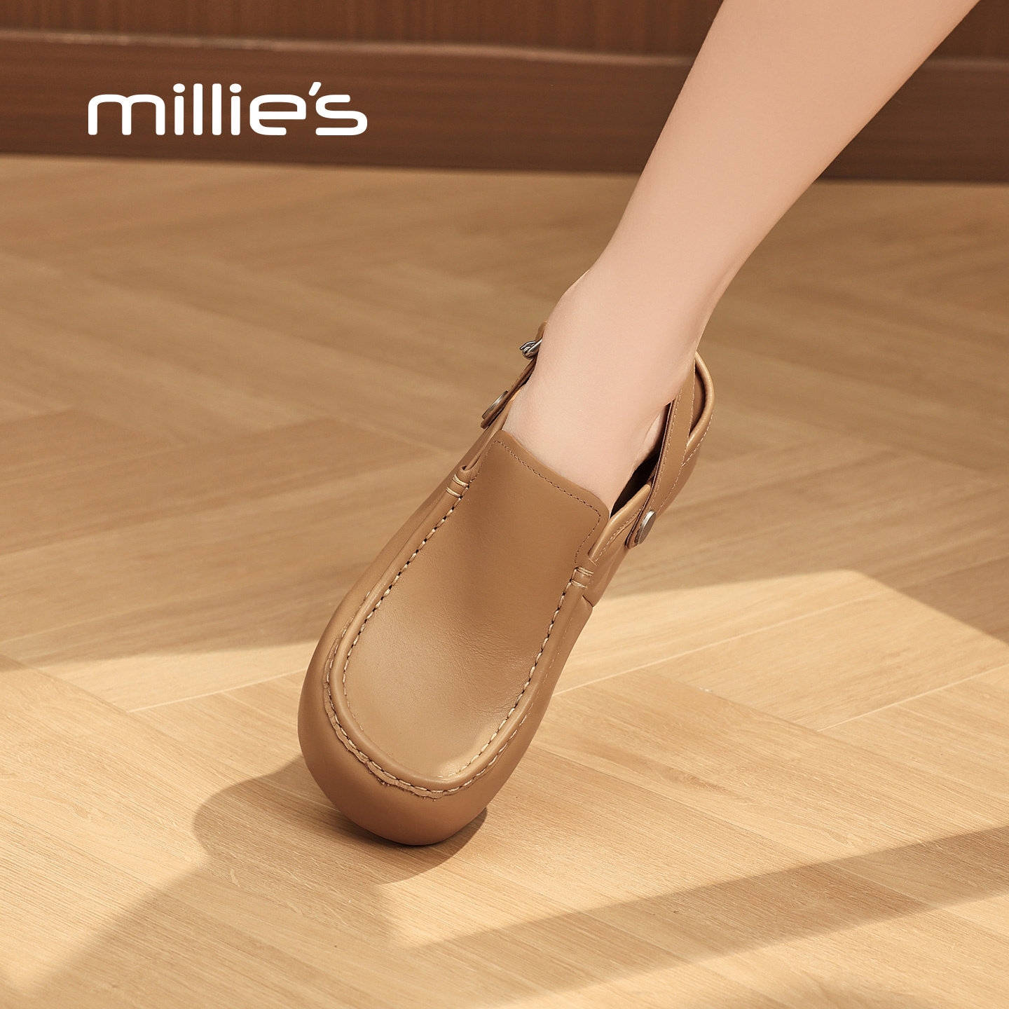 MILLIE'S/妙丽春季新款勃肯鞋女真皮厚底包头半拖鞋一脚蹬懒人鞋Q