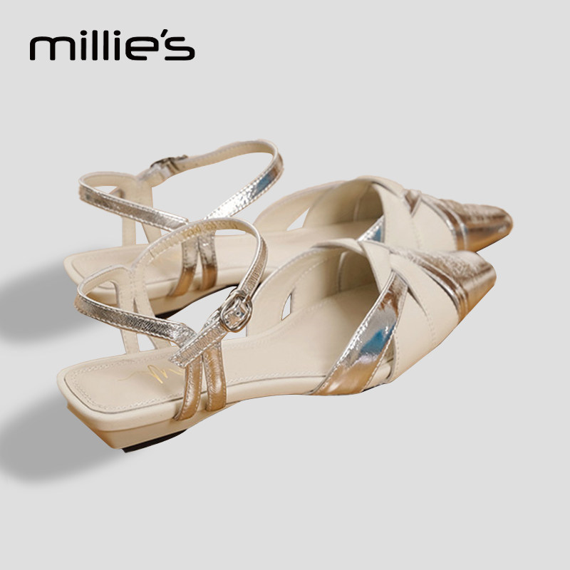 妙丽官方旗舰店2025夏季新款尖头低跟编织拼色一字扣带包头凉鞋女,女鞋,一字带凉鞋,淘宝优惠券,粉丝福利购,淘宝优惠卷