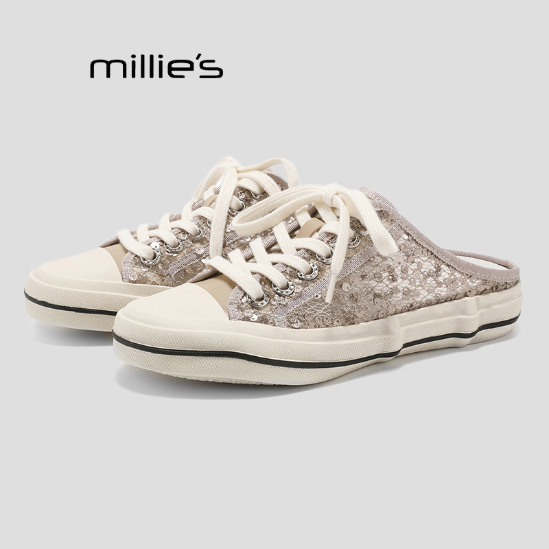 MILLIE'S/妙丽银色亮片德训鞋女2026夏季小香风懒人鞋一脚蹬P