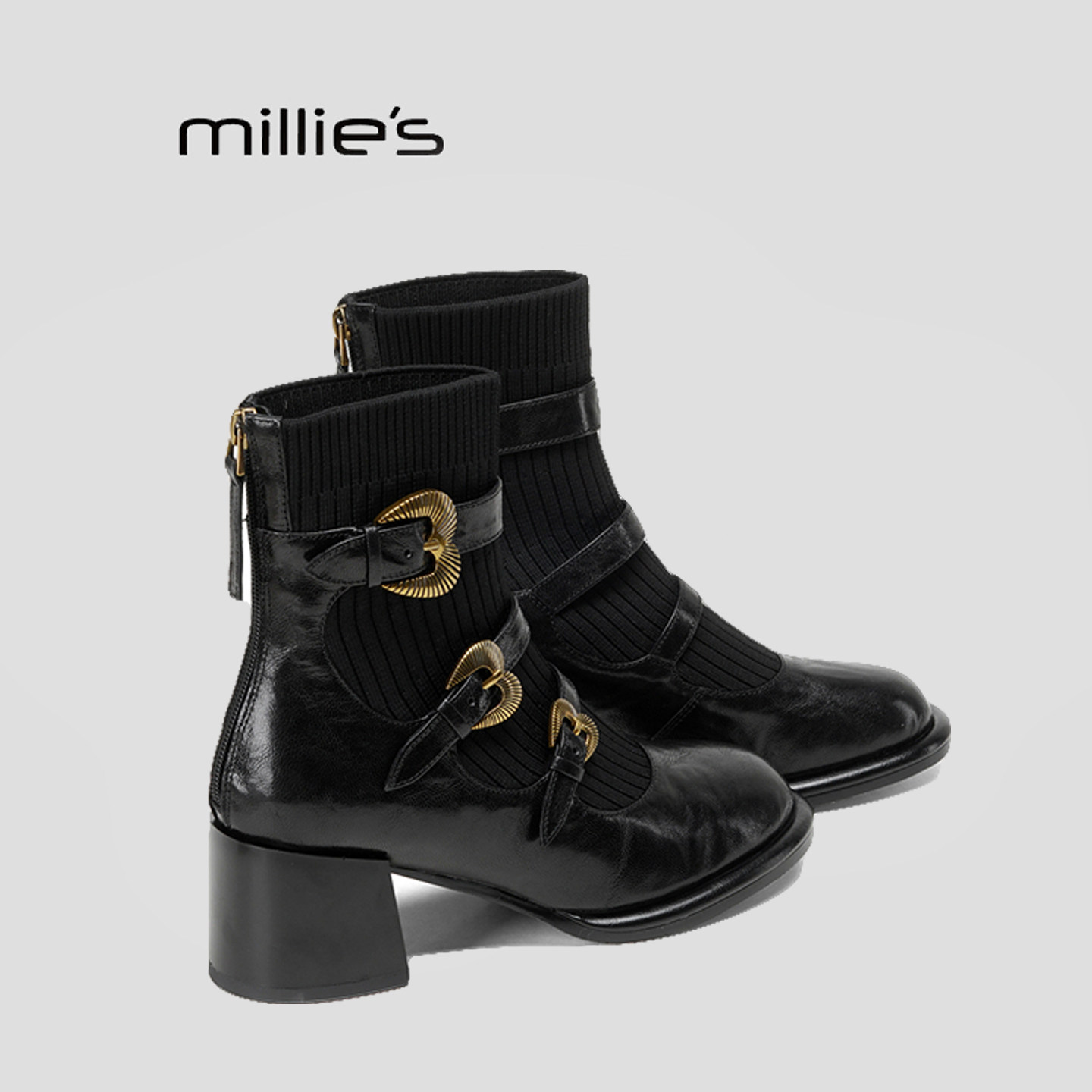 MILLIE'S/妙丽2026新款秋冬复古粗中跟短靴女皮带扣真皮马丁靴HQ,女鞋,时装靴,淘宝优惠券,粉丝福利购,淘宝优惠卷