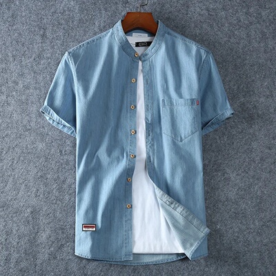 Men's Blue Denim Shirts Short Sleeve Jean Shirts New Summer