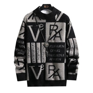 Men Knitted Sweater Stripe Pullovers Printing Round Neck Sw