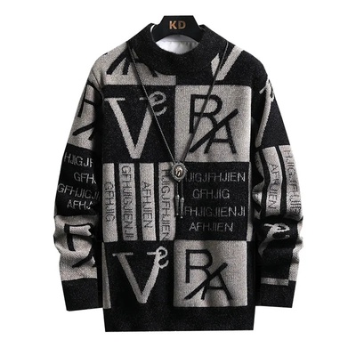 Men Knitted Sweater Stripe Pullovers Printing Round Neck Sw