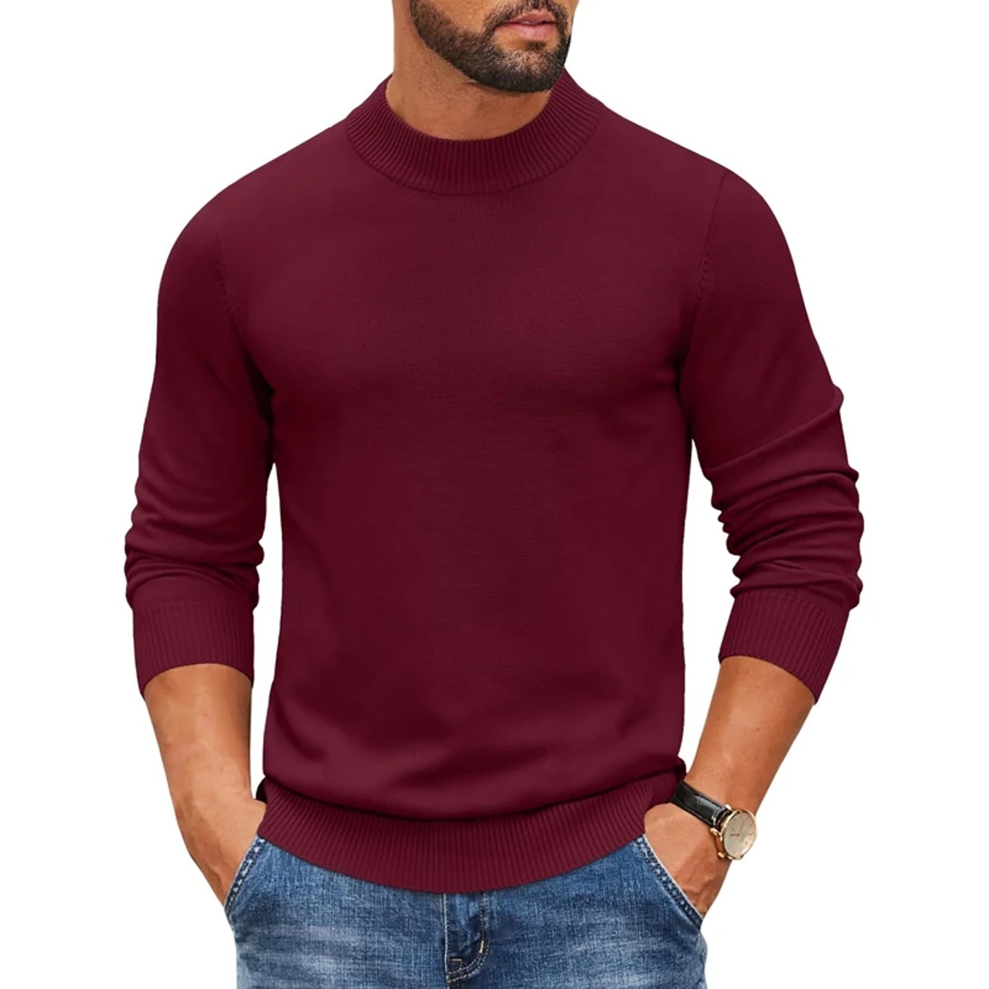 Men's Mock Turtleneck Ribbed Knit Pullover Sweater Casual H