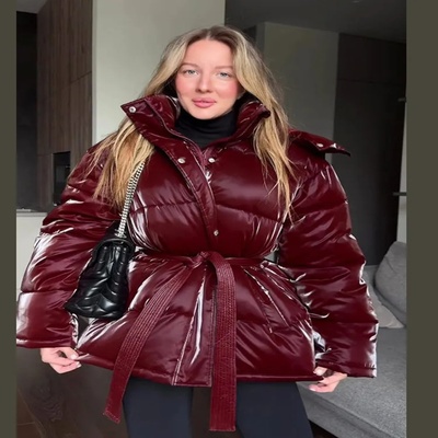 Shiny Reflective Lace-up Padded Jacket Women's Winter Warm