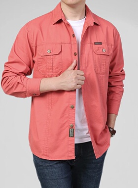 100% Cotton Men's Shirt Solid Color Multi-Pocket High Quali