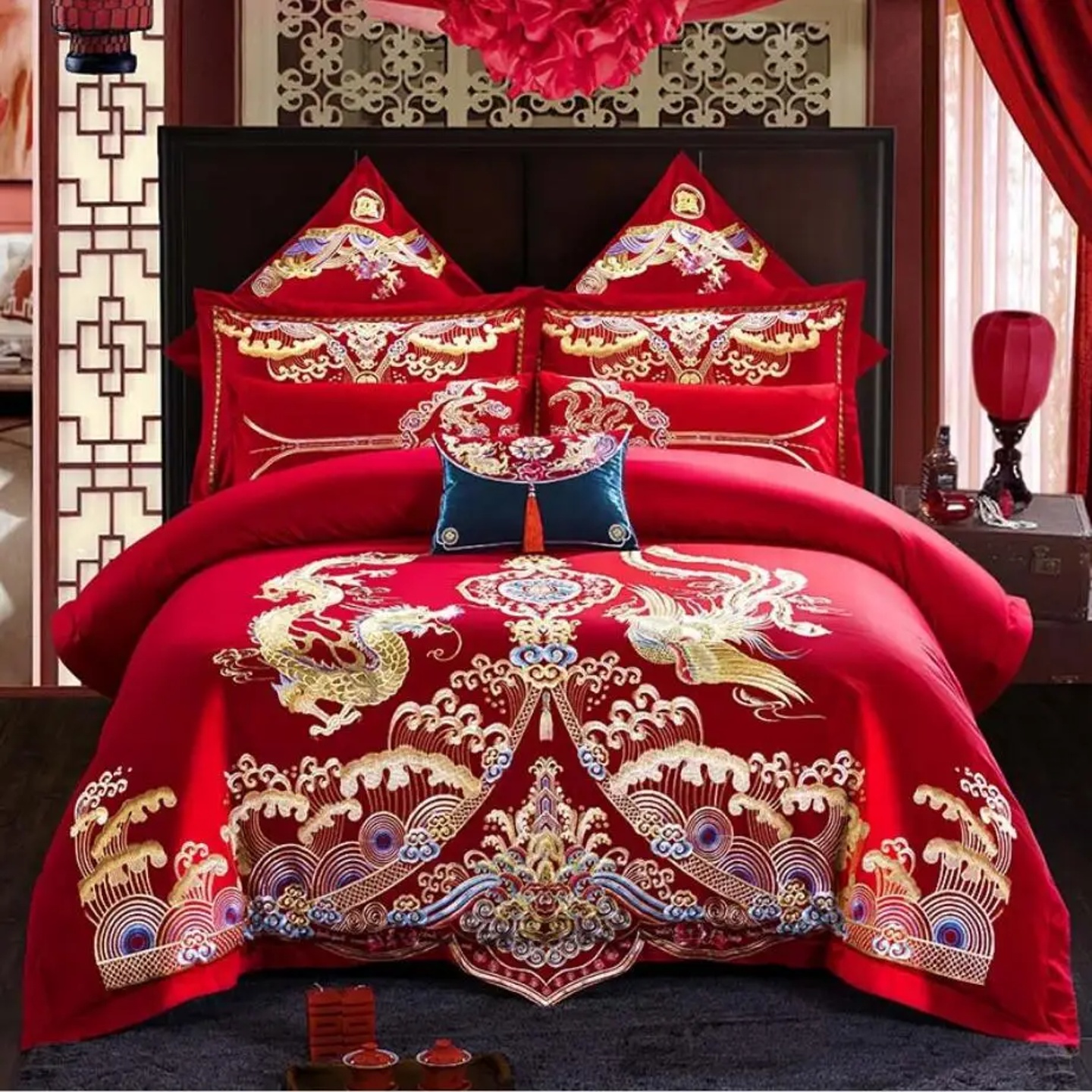 Red Chinese Style Wedding Embroidery Duvet Cover Bed Sheet