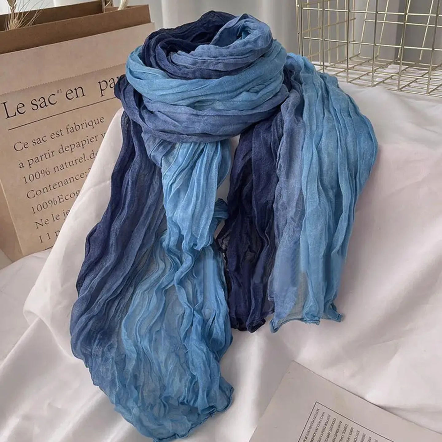 180x90cm Scarf Cotton Hemp Gradient Blue Autumn Winter Kore