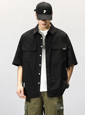 Summer Japanese Cargo Short Sleeve Shirt Men's Pockets Butt