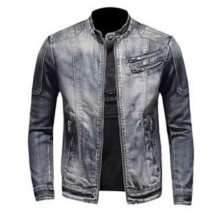 Casual Stand Collar Denim Biker Men Moto Outerwear Jackets