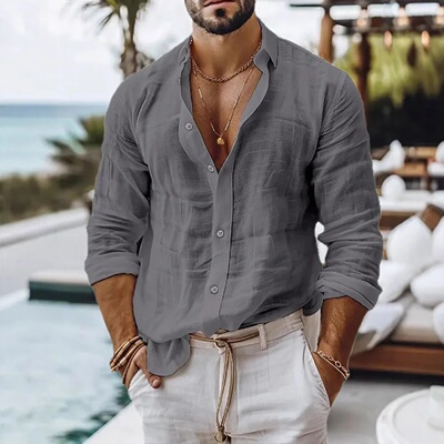 Cotton Linen Shirt for Men Summer Beach Style Solid Color S